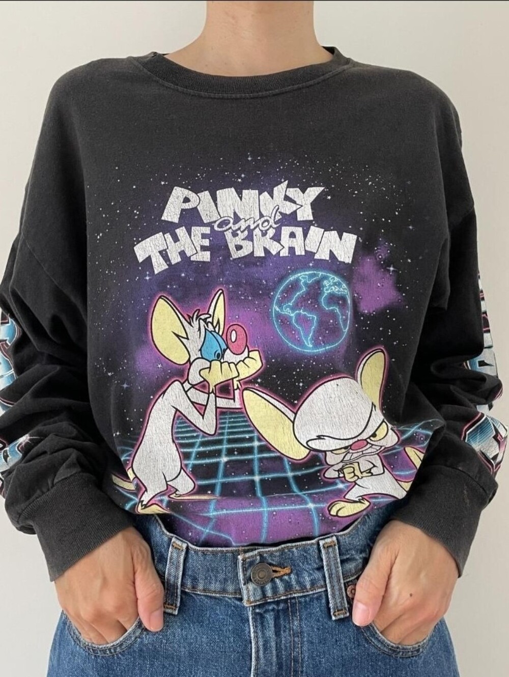 Pinky and the Brain Vintage Style Long Sleeve Graphic Tee Retro Neon Black M